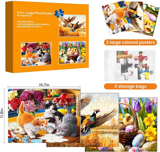 3 Pack 48 Large Piece Puzzles for Seniors,Alzheimers Puzzle Dementia Activities for Seniors Kittens Chicks Birds Dementia Patients Puzzles Gift for Elderly Seniors Adult