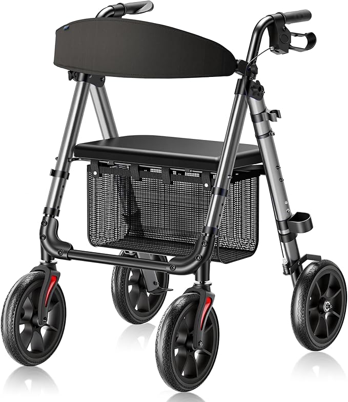 WALK MATE Walkers for Seniors, 4 x10 Inch Big Wheels Rollator Walker with Seat 350lb Weight Capacity Foldable All Terrain Rolling Walker, Lightweight Mobility Aid with Adjustable Height, Grey