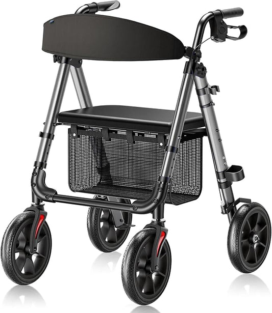 WALK MATE Walkers for Seniors, 4 x10 Inch Big Wheels Rollator Walker with Seat 350lb Weight Capacity Foldable All Terrain Rolling Walker, Lightweight Mobility Aid with Adjustable Height, Grey