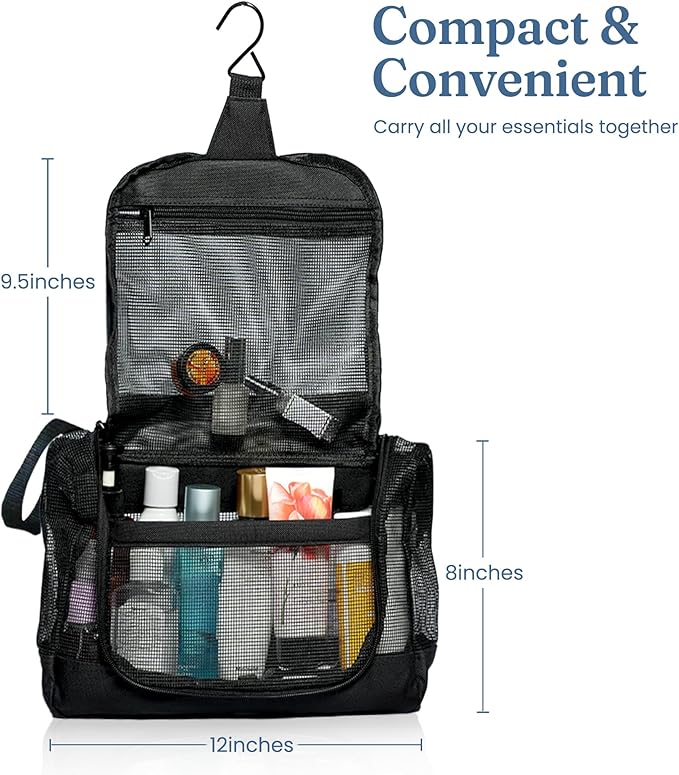 The Fine Living Portable Latex Mesh Shower Caddy Bag Hanging Black 12x3x8” | Gym Shower Caddy Tote bag, Hanging Organizer with Metal Hook, Dorm Room Essentials, Travel Toiletries, Camping RV Essentials