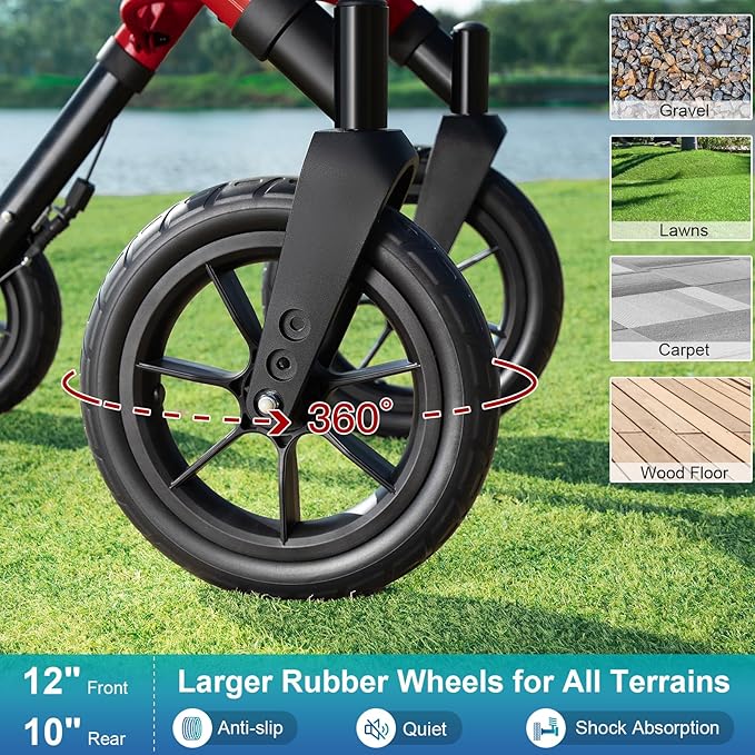 Rollator Walker with Seat, Tall Walkers for Seniors, 12" Big Rubber Wheels All Terrain Rollator Walker with Backrest, Built-in Cable, Foldable and Dual Adjustable Height for 5.3-7ft, Red