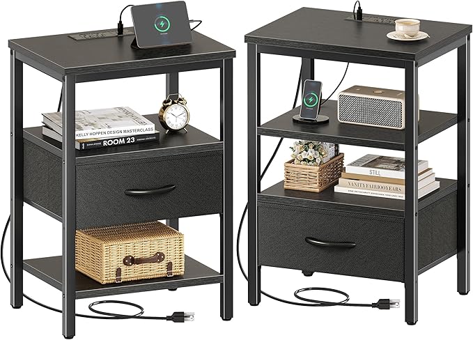SUPERJARE Nightstand Set of 2 with Charging Station, USB-C Port, End Tables | Night Stand for Bedroom, with Adjustable Fabric Drawer, 3-Tier Storage Bedside Tables for Living Room, Black