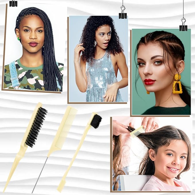 Geiserailie 3 Pcs Slick Back Hair Brush Set Bristle Brush Edge Control Teasing Comb for Women Black Hair(Beige)