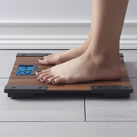 Taylor Digital Scales for Body Weight, Extra High Accurate 440 LB Capacity, Unique Blue LCD, Farmhouse Look, Auto On and OffScale, 12.4 x 12.4 Inches, Brown