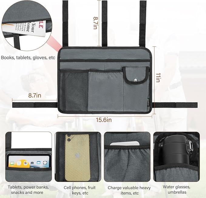 Walker Bag for Folding Walker, Walker Basket for Folding Walkers with Cup Holder Multiple Pockets Bag for Walkers for Seniors Rollator Accessories Bag (Grey)