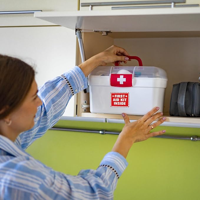 4PCS First Aid Sign Sticker, Self-Adhesive Waterproof First Aid Decals for First Aid Boxes, Emergency First Aid Kit Inside for Home, Car, Office, School, Factoryor Business 5.1''x3.9''