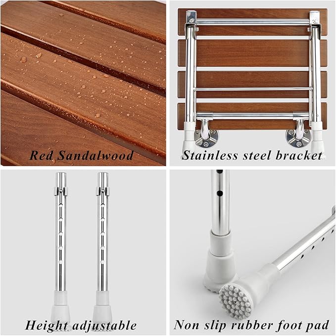 Folding Shower Seat Wall Mounted with Legs, Shower Seat Benches Stool Chair for Inside Shower, Fold Down Shower Seat for Seniors Small Shower Space, Foldable Fold up Waterproof Wood Height Adjustable