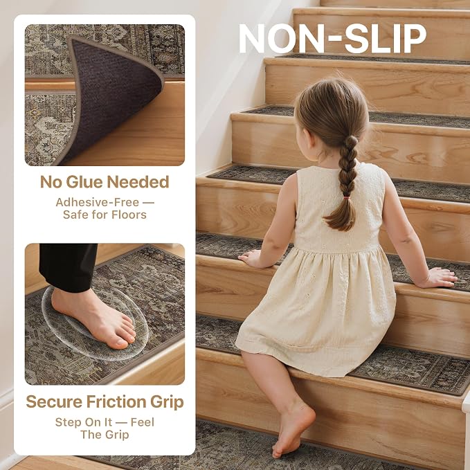sarben 8"x30" Non Slip Stair Treads for Wooden Steps 15 Pack, Sage Brown | Peel and Stick Carpet Stair Runner with TPE Adhesive Backing, Carpet for Added Safety, Pet and Senior Friendly