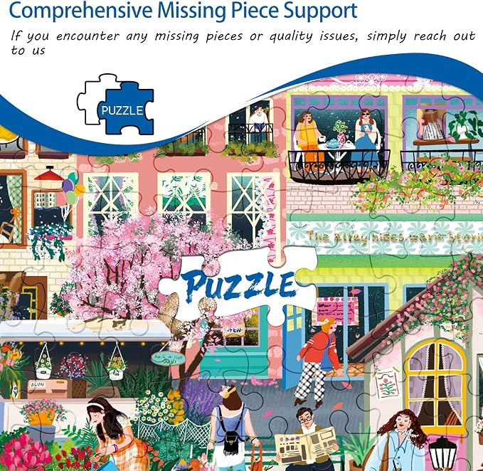 Cottagecore Flower Street Puzzles for Adults 1000 Pieces | 1:1 HD Reference Poster，ABCD Letter Markings on Back,Matte Oil,High Bite Force
