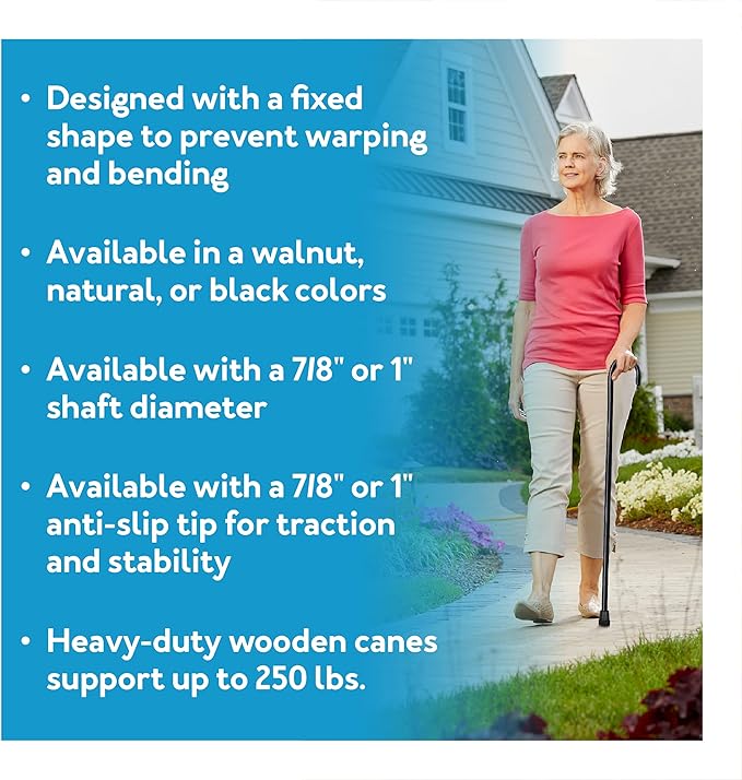 CAREX Solid Wood Walking Cane - Wooden Canes for Men & Women with 250 lb Weight Capacity - 36” Long, 1" Diameter, Wood Canes with Walnut Finish - Rubber Tip Single Point Cane, Walnut Finish, Organic Calendula, 1 Count