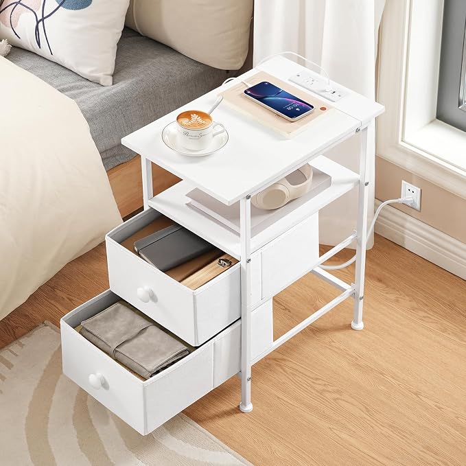 HOOBRO End Table with Charging Station, Narrow Side Table, Nightstand with 2 Non-Woven Drawers, Slim Sofa Side Table, for Small Spaces, Living Room, Bedroom, White WT486UBZ01