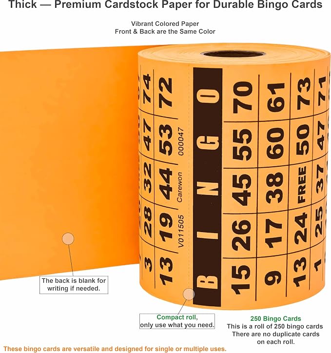 250 Bingo Cards, Large 4.5 x 4.5 Inch, Orange, Paper Bingo Sheets | 8 Color Options, Premium Cardstock, Disposable with Daubers or Reusable with Chips — Proudly Made in USA