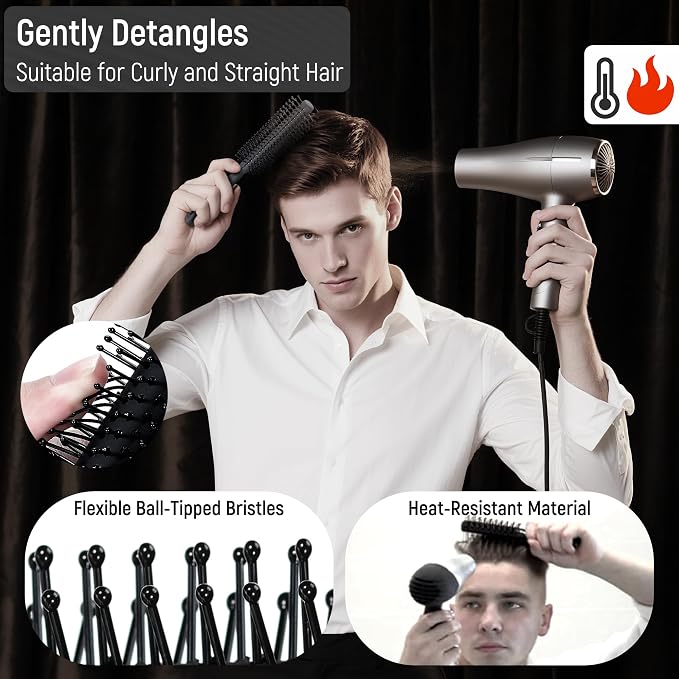 SALONSILK Hair Brush for Men, 4PCS Mens Hair Brush & Styling Comb Set, Fine and Wide Tooth Comb, Gel & Roller Brush for All Hair Types, Perfect for Styling, Grooming, and Detangling