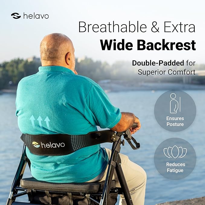 Helavo Bariatric Walker with Large, Height-Adjustable Seat, 500 lbs Weight Capacity, All Terrain 8-inch Wheels, 28-inch Wide - Extra Wide Heavy Duty Rollator for Seniors