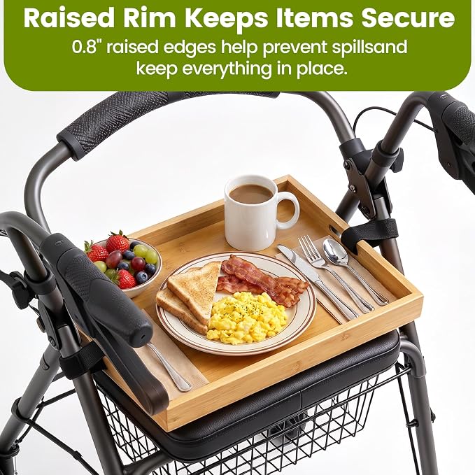 Walker Tray with 2 Adjustable Straps | 15.7"x11.1" Bamboo Walker Tray for Folding Walker, Rollator | Multipurpose Tray for Eating, Laptop, Crafts, Medical Equipment Accessories for Seniors