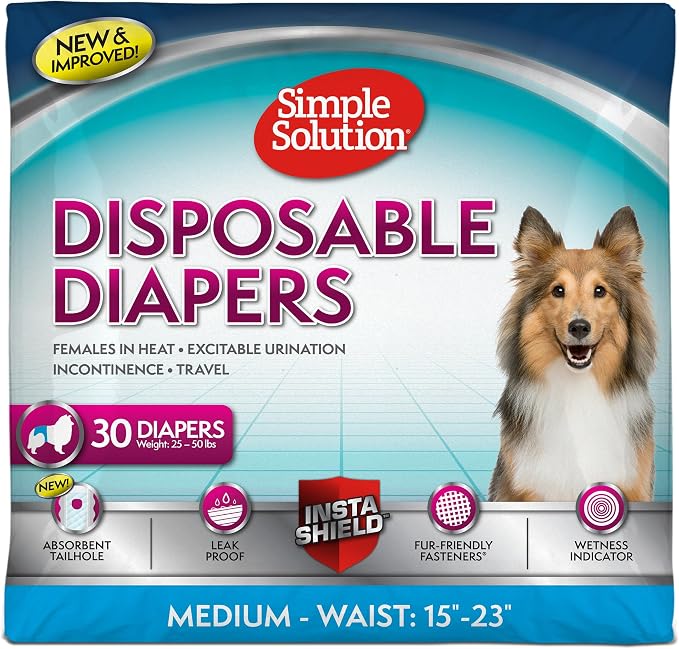 Simple Solution Female Dog Diapers, Disposable Dog Diapers, M, 30 Count | Dog in Heat, Potty Training, Incontinence Support, Leak Proof, Puppy Training, Disposable Protection, Secure Fit, 15-23 Inch