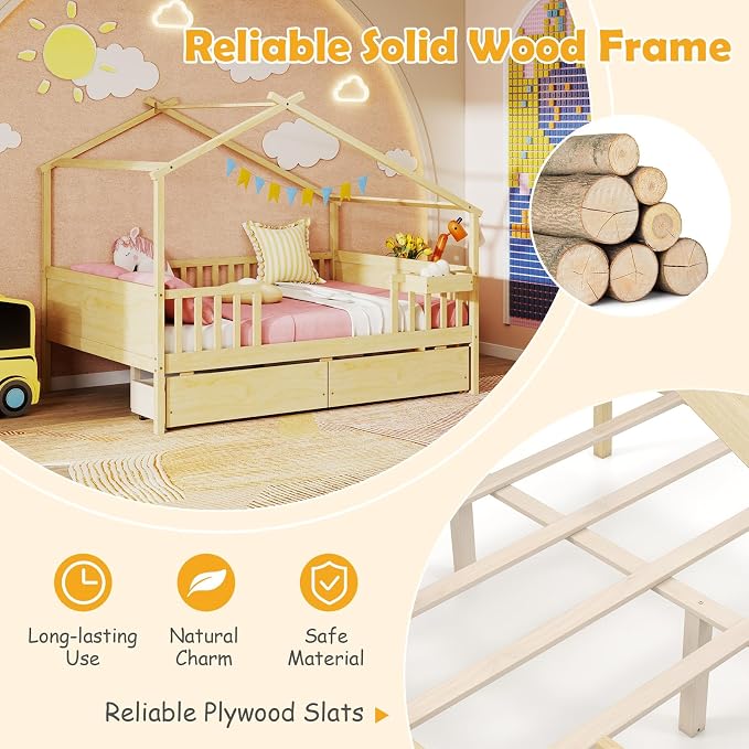Giantex Full House Bed with Drawers, Wooden Full Size Bed Frame with Cube Storage & Fence Rails, Montessori Beds for Kids Boys Girls, Bedroom, Living Room, No Box Spring Needed, Natural