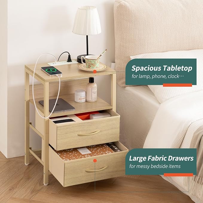Yoobure Nightstand with Charging Station, Small Night Stand with Fabric Drawers and Storage Shelf for Bedrooms, Nightstands for Small Spaces, Bedside Table with USB Ports & Outlets, Bed Side Table