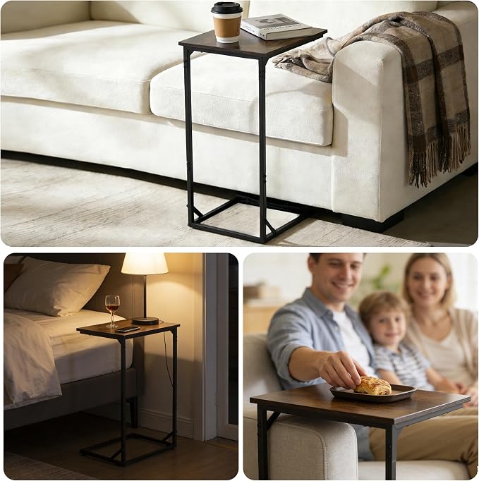 C Shaped End Table for Couch, Small Side Table for Living Room & Bedroom, Slide Under Sofa Table for Laptop, Coffee, Snacks, Easy Assembly, Modern Design