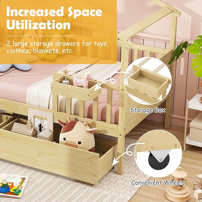 Giantex Twin House Bed with Drawers, Wooden Twin Bed Frame with Cube Storage & Fence Rails, Montessori Beds for Kids Boys, Girls, Bedroom, Living Room, No Box Spring Needed, Natural