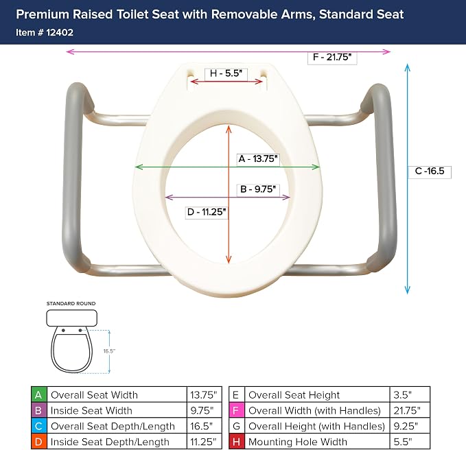Drive Medical 12402 Premium Raised Toilet Seat, Removable Metal Arms, White | Raised Toilet Seat Features Removable Metal Arms for Added Support and Easy, Comfortable Bathroom Access