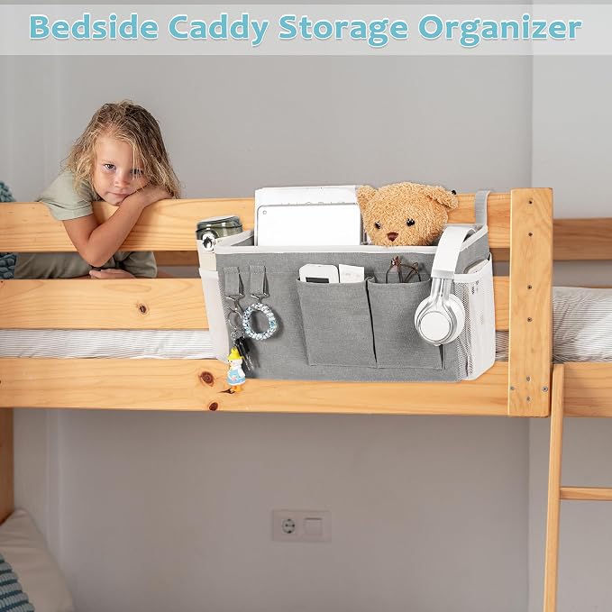 Bedside Caddy, Bedside Storage Bag Hanging Organizer for Bunk Dorm Bed Rail | Bed Caddy with Hooks, Top Bunks and Dorm Essentials for Water, Tissues, Tablets, Books, Phones, Remotes and Other Necessories