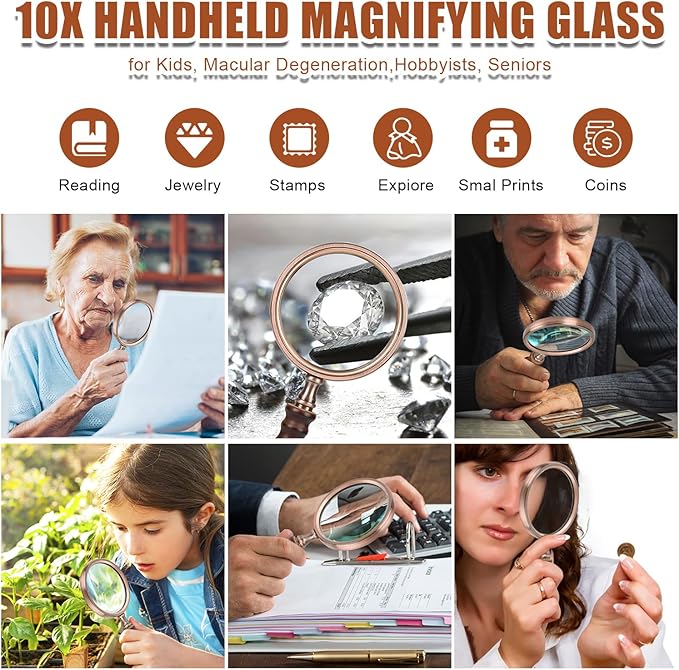 Rongon Handheld Magnifying Glass 10X Vintage Reading Magnifiers with Wooden Handle Antique Copper Portable Magnifying Lens for Reading Macular Degeneration Hobby Observation Classroom