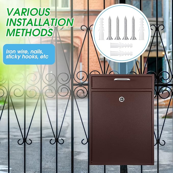 Yaocom Locking Mailbox with Key for Outdoor 16.2 x 11.2 x 4.7 Inches Large Wall Mount Mail Box with Lock Security Mail Drop Metal Collection Boxes Hanging Secure Postbox(Brown)