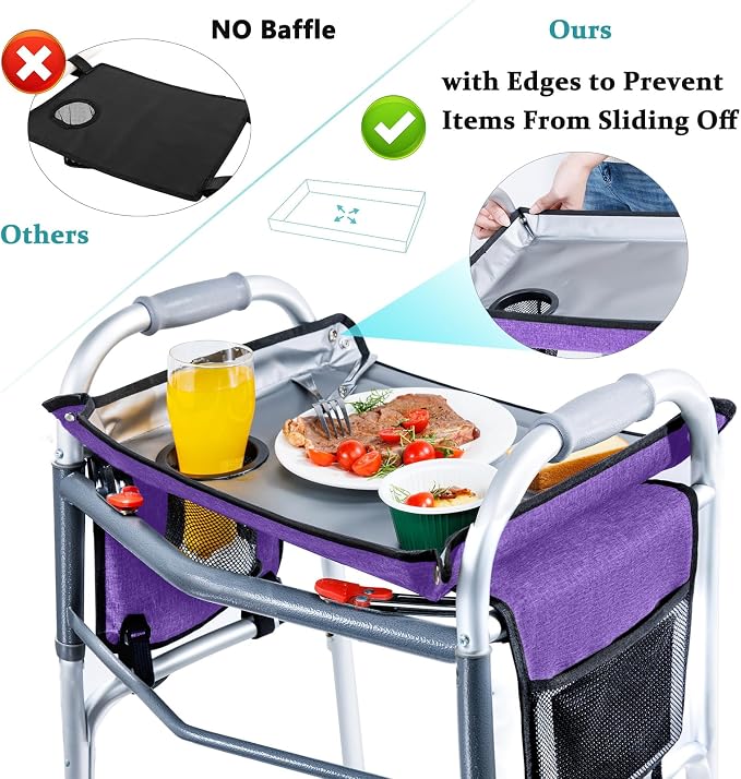 BAGSFY Walker Tray with Cup Holder & Side Pocket – Hard Top Walker Table for Seniors – Folding Walker Accessory for Meals, Reading, Drinks – Non-Slip Surface, Tool-Free Install, Universal Fit