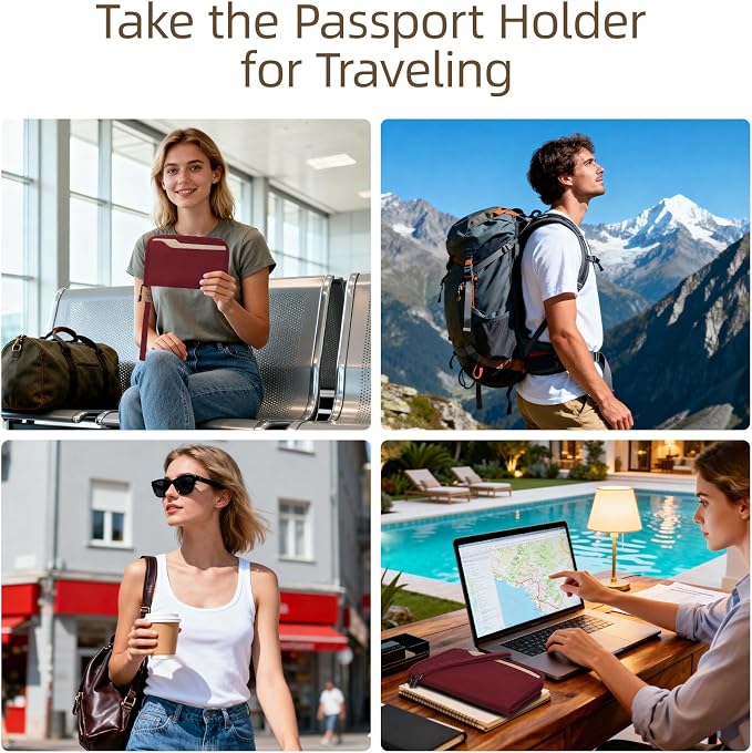 Passport Holder Family RFID Passport Wallet, Passport Holder Women/Men, Travel Wallet Documents Organizer Zipper Case with Removable Wristlet Strap, Travel Essentials for Flying