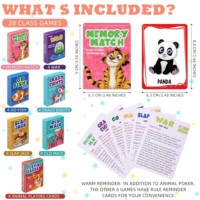 Zubebe 70 Pack Kids Card Games Gifts Bulk Classic Playing Card Game Set for Kids Includes Go Fish, Old Maid, Crazy Eights, Memory Match, Slap Jack, Playing Toy for Party Favors (Classic)