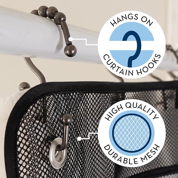 S&T INC. Shower Organizer and Caddy, 2 Pack, 14" x 30", Black | Quick-Dry Mesh, 7 Pockets, Shower Caddy and Bathroom Organizer, Hangs on Existing Shower Curtain Hooks, Cruise Essential