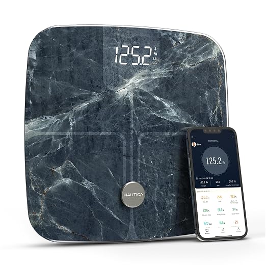 Nautica Body Tracker Digital Bathroom Scale, Bluetooth-Enabled Smart Scale with BMI, Body Fat, Muscle Mass Tracking & More, Syncs with Smartphone App for Body Composition Tracking, 440 Lbs.