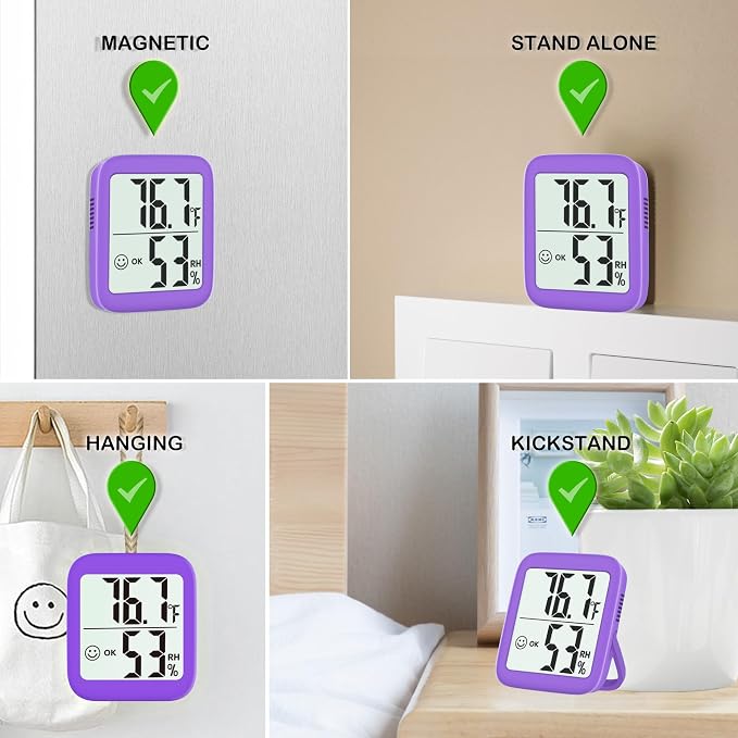 2 Pack Room Thermometer Indoor Hygrometer | Monitor Temperature & Humidity, Accurate, Fast Read, Easy To View, Magnetic/Kickstand/Hanging, ℉/℃, w/ Battery, Compact