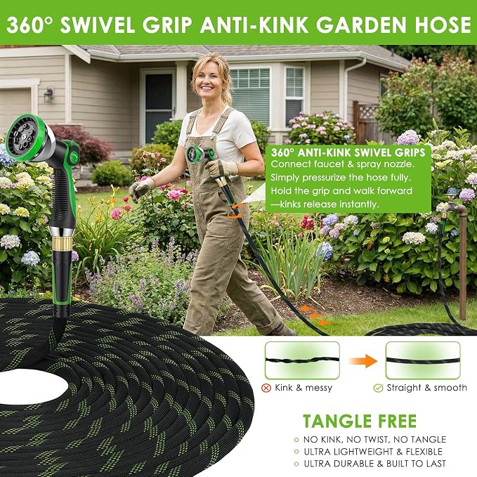 Non-Expanding Garden Hose 100 ft, Lightweight Hose & Flexible Water Hose With 10-Pattern Spray Nozzle, Kink-Free Design, Durable Leakproof Yard Outdoor Hose, Portable Storage Strap, 100 Feet