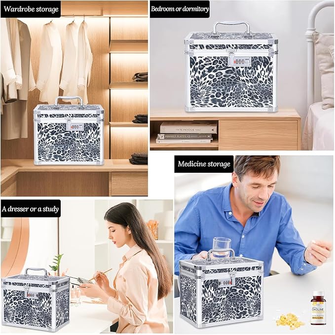 Medication Combination Lock Boxes with Code for Personal Items, Medicine Lockbox for Documents 10 x 7.25 x 7.75 Inches Black Leopard