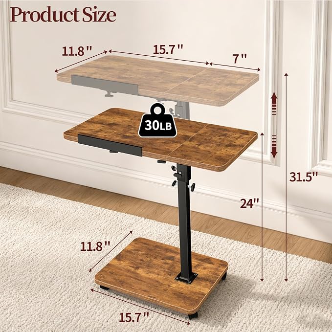 End Table Adjustable Height, 22.8"L Side Table Tv Tray with Wheels, 90° Tilting Panel Couch Table That Slides Under, Small End Table for Small Spaces, Overbed Bedside Desk Mobile Rolling Laptop Stand