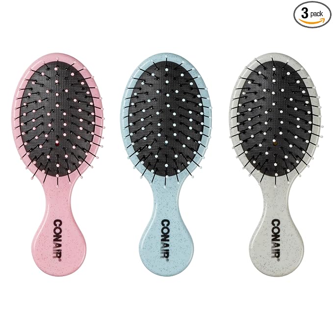 Conair Detangling Mini Hair Brush Set, 3-Pack Detangler Brushes for Wet or Dry Hair, Gentle Detangler for All Hair Types, Hair Brushes for Women and girls. gifts for her, Silver, Blue, Pink