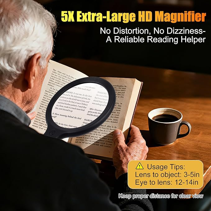 Hands-Free Neckband Magnifier & Magnifying Glass with Light for Seniors – Rechargeable 5X/10X Large 5.3" Lens for Close Work, Reading, Sewing, Cross-Stitching, Crafts