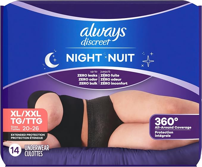 Always Discreet Night, Reimagined Adult Diapers for Women, Extended Overnight Absorbency Incontinence and Postpartum Underwear Size XL/XXL, 360 Degree Coverage While Laying Down, 14 Count