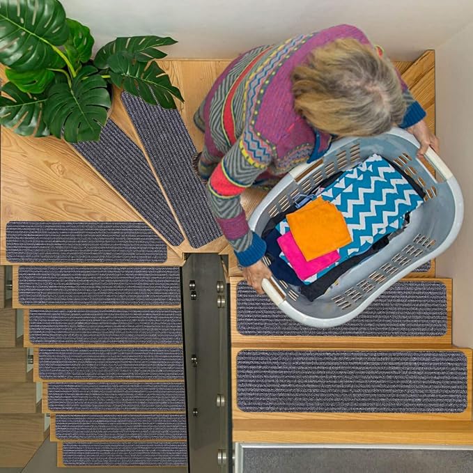 RIOLAND Stair Treads Carpet Non-Slip Indoor Stair Runners for Wooden Steps, Stair Rugs for Kids and Dogs, Set of 15, 8" X 30", Gray