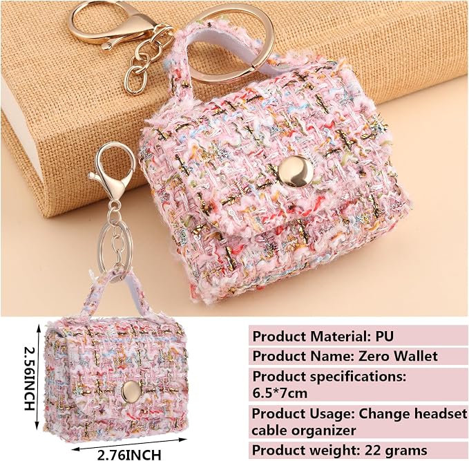 Liliaafar 8 Pcs Mini Backpack Keychain Mini Coin Purses for Women Cute PU Leather Makeup Bag with Keychain, Multi Pocket Card Holder Cable Organizer Giftable Zipper Pouch (Elegant Tweed)