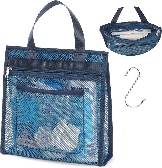 Small Mesh Shower Caddy Portable - Zipper Gym Travel Shower Bag, Navy Blue | 3 Pockets, Quick-Dry Mesh, S-Hook, Hanging Shower Caddy for Toiletry Essentials, Bathroom & Camping