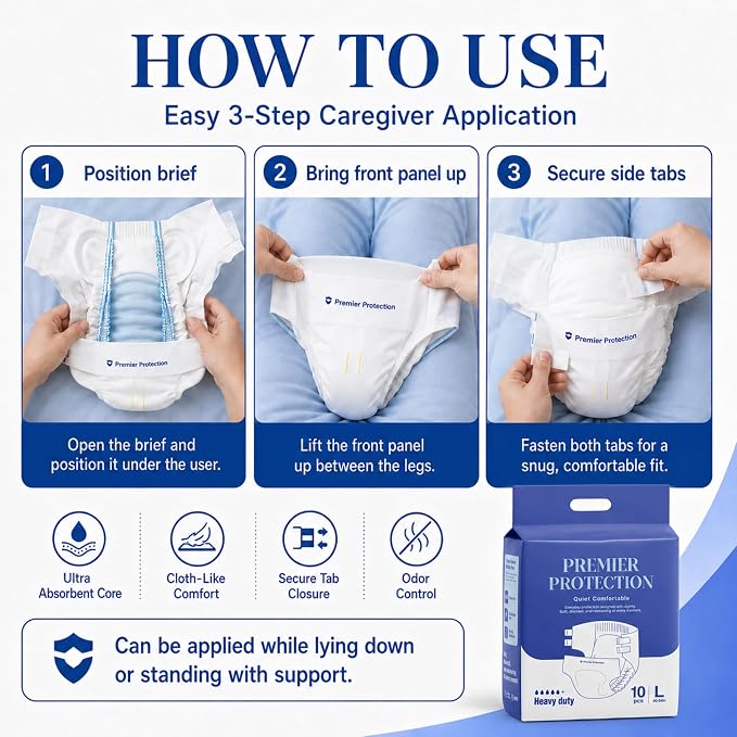 Adult Incontinence Briefs Tab Style, Heavy Absorbency with Wetness Indicator, Refastenable Tabs, Breathable & Soft, Men and Women, Medium & Large, 10 Count
