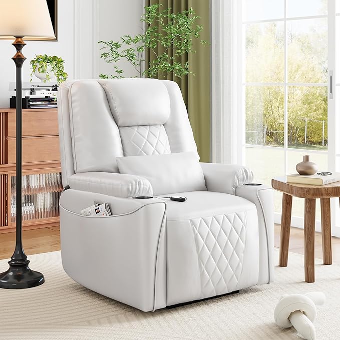 Recliner Chair, Electric Power Lift Chair with Remote, Stand Assist for Elderly, 3 Adjustable Positions, USB Charging Ports, Cup Holders, Side Storage Pockets, Comfortable Sofa for Living Room, White