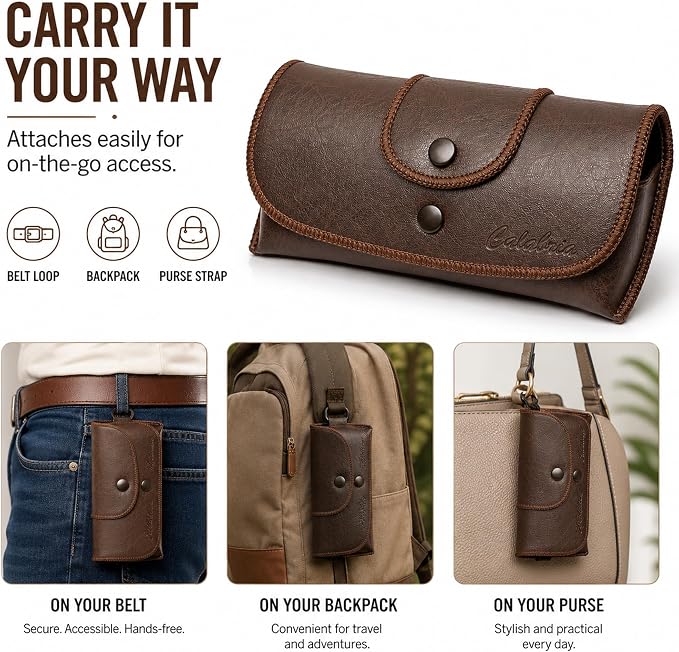 Calabria Double Snap Belt Loop Eyeglass Case PU Leather Brown Old School Vintage Eye Glasses Pouch Semi-Hard Sunglass Holder - 12PACK