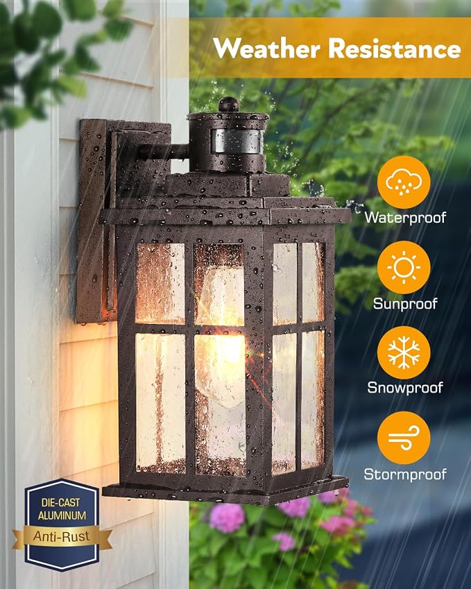 VIANIS Brown Motion Sensor Exterior Lighting Fixtures, Outdoor Garage Light | ORB, Anti-rust, Dimmable, Farmhouse Outside Porch Lights for House, Outdoor Wall Lantern for Garden, Patio, Front Door, Coach