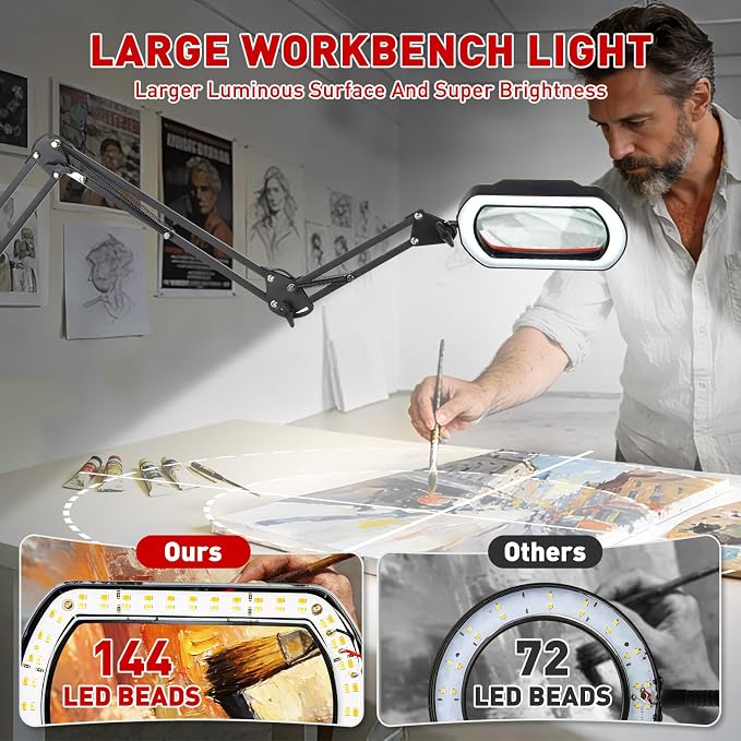 HITTI 12X Square Ultra Long Magnifying Glass with Light and Clamp | Hands Free Lighted Magnifier Stand, 5 Colors & Stepless Dimming LED Desk Lamp for Workbench, Repair, Crafting, Painting-Red