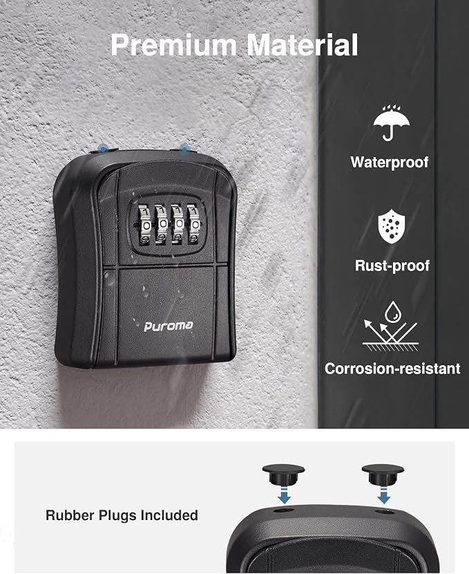 Puroma Key Lock Box Outdoor 4 Digit Code Combination Lockbox House, 1 Black | For Contractors Guest Realtor Storage Keys, Portable, Home Wall Mount, Resettable, Combination, Weatherproof, High-capacity