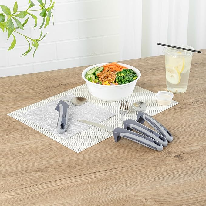Restaurantware Adaptive Cutlery Set - 1 Set 9.84 x 5.12 x 1.57 Inches - Non-Slip Ergonomic Dining Utensils With Textured Handle - Stainless Steel Gray